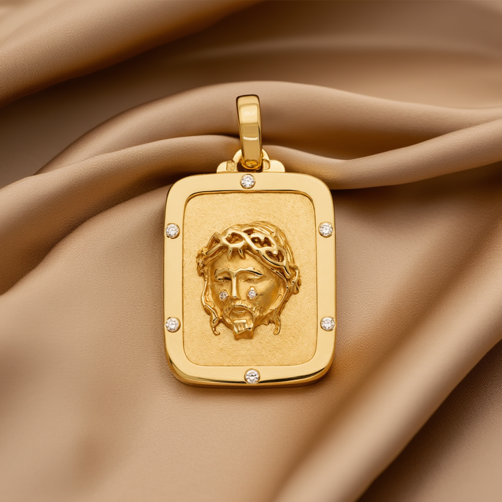 Medalha Cara de Cristo em Ouro 19kl com Zircónias (2.7cm)