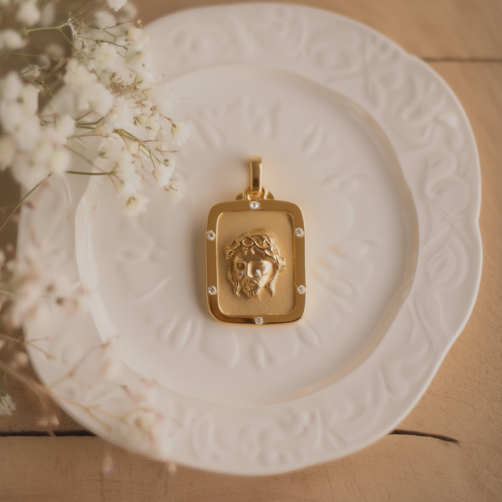 Medalha Cara de Cristo em Ouro 19kl com Zircónias (2.7cm)