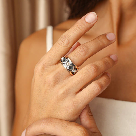 Anel Antistress com Corações e Pérolas em Prata e Ouro 9kl (T15) - Loja do Ouro