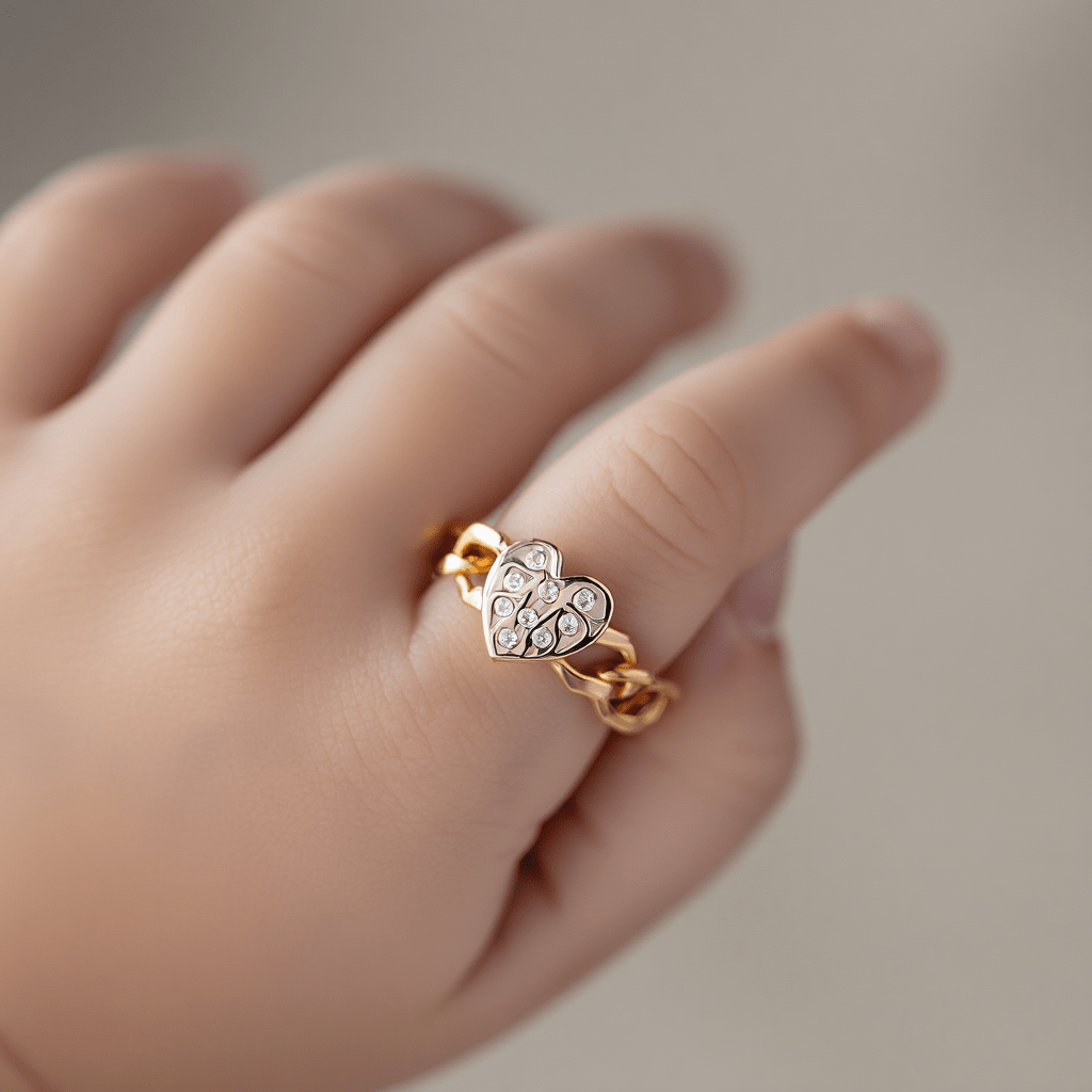 Anel Corrente de Criança em Ouro 19kl com Coração Diamantes (T4) - Loja do Ouro