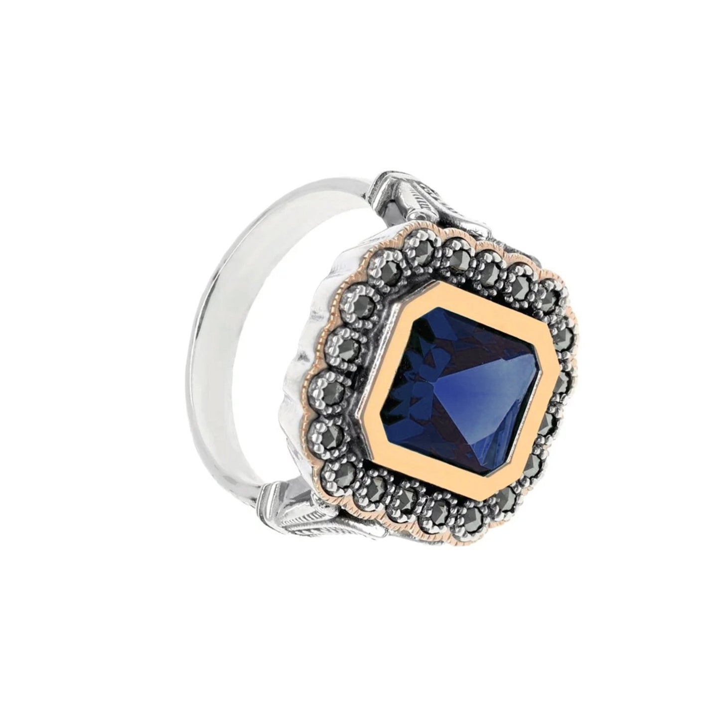 Anel D. Sofia em Prata e Ouro 9kl com Marcassites e Pedra Azul - Loja do Ouro