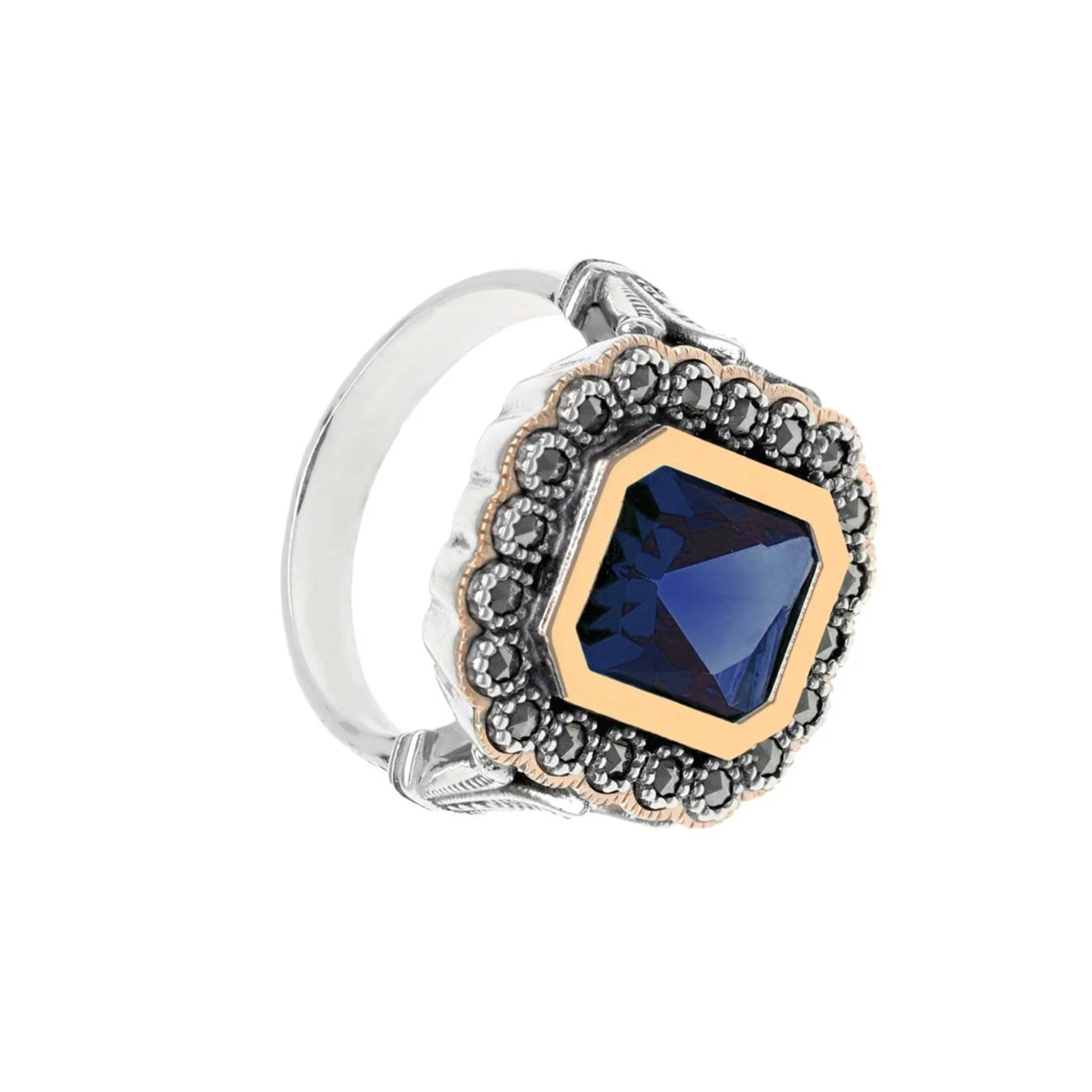 Anel D. Sofia em Prata e Ouro 9kl com Marcassites e Pedra Azul - Loja do Ouro