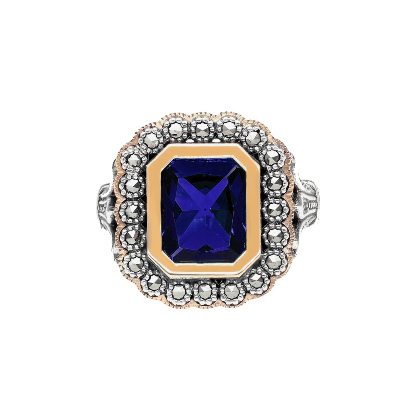 Anel D. Sofia em Prata e Ouro 9kl com Marcassites e Pedra Azul - Loja do Ouro