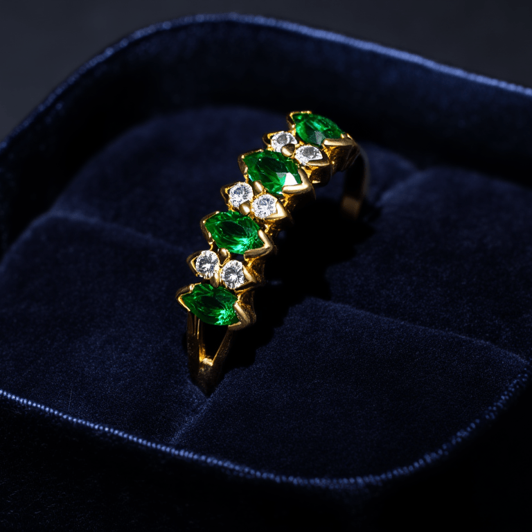 Anel em Ouro 19kl com Pedras Verdes e Zirconias (T14) - Loja do Ouro