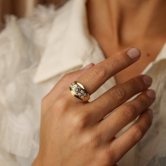 Anel em Ouro 19kl com Safira e Zircónias (T19) - Loja do Ouro