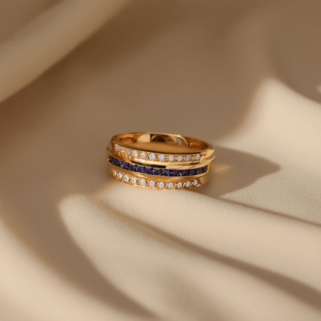 Anel em Ouro 19kl com Safiras e Diamantes (T17) - Loja do Ouro