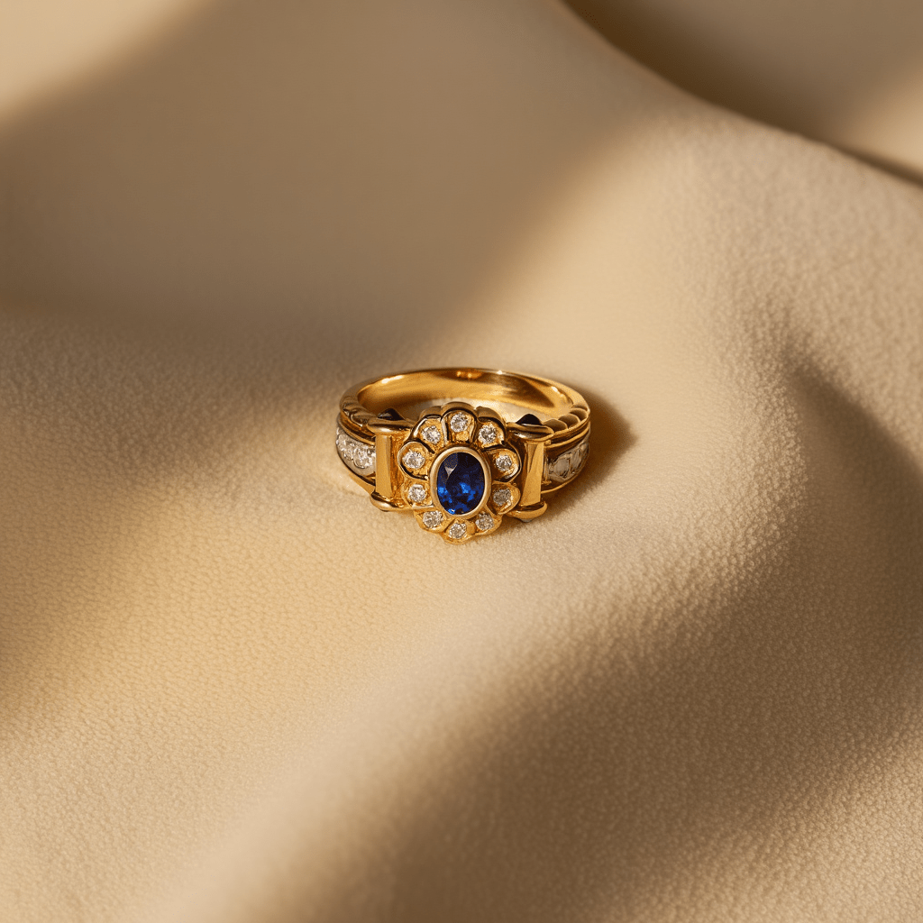 Anel em Ouro 19kl com Safiras e Diamantes (T28) - Loja do Ouro