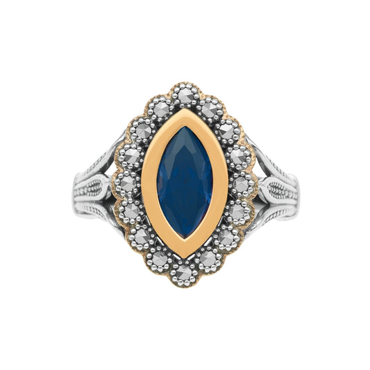 Anel Oval em Prata e Ouro 9kl com Pedra Azul Royal - Loja do Ouro