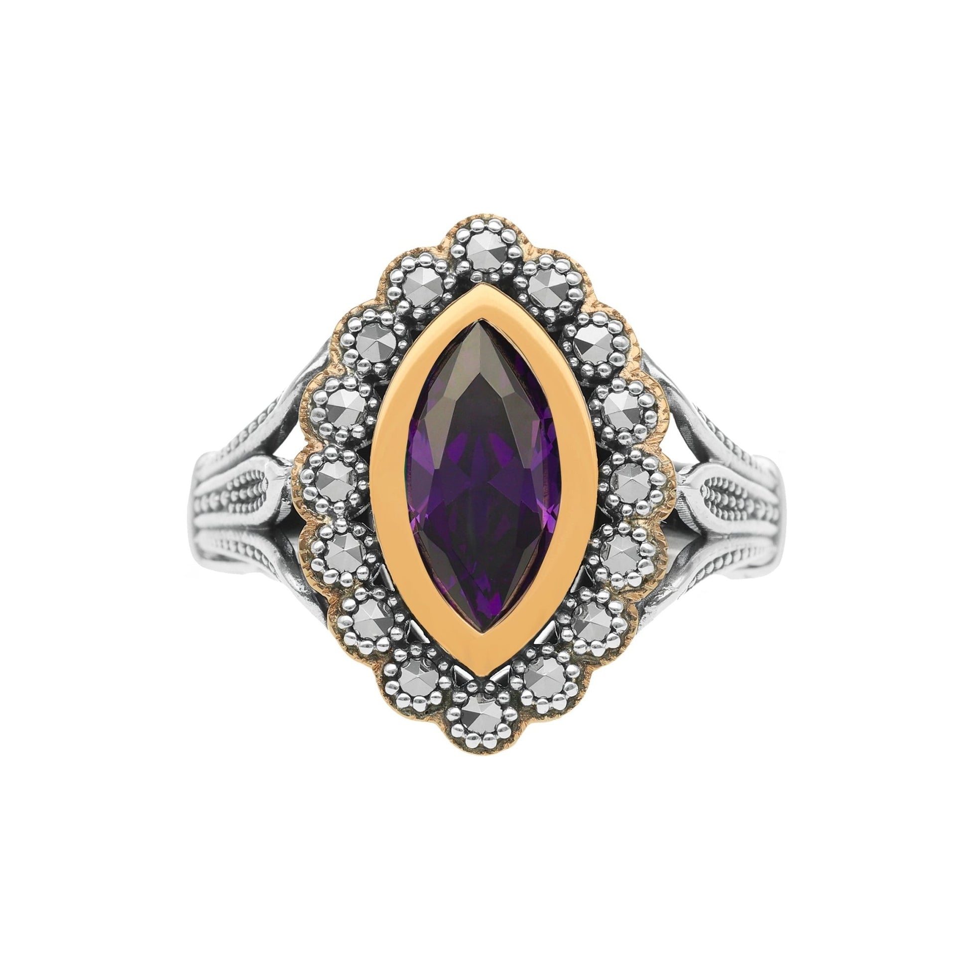 Anel Oval em Prata e Ouro 9kl com Pedra Roxa - Loja do Ouro