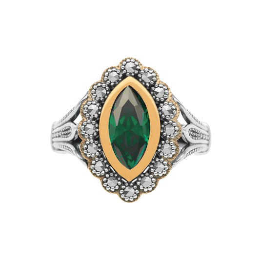 Anel Oval em Prata e Ouro 9kl com Pedra Verde - Loja do Ouro