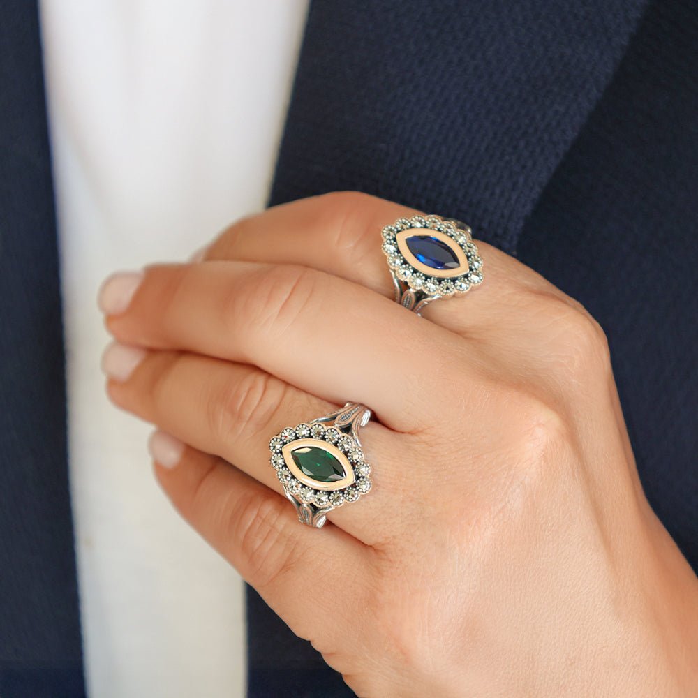 Anel Oval em Prata e Ouro 9kl com Pedra Verde - Loja do Ouro