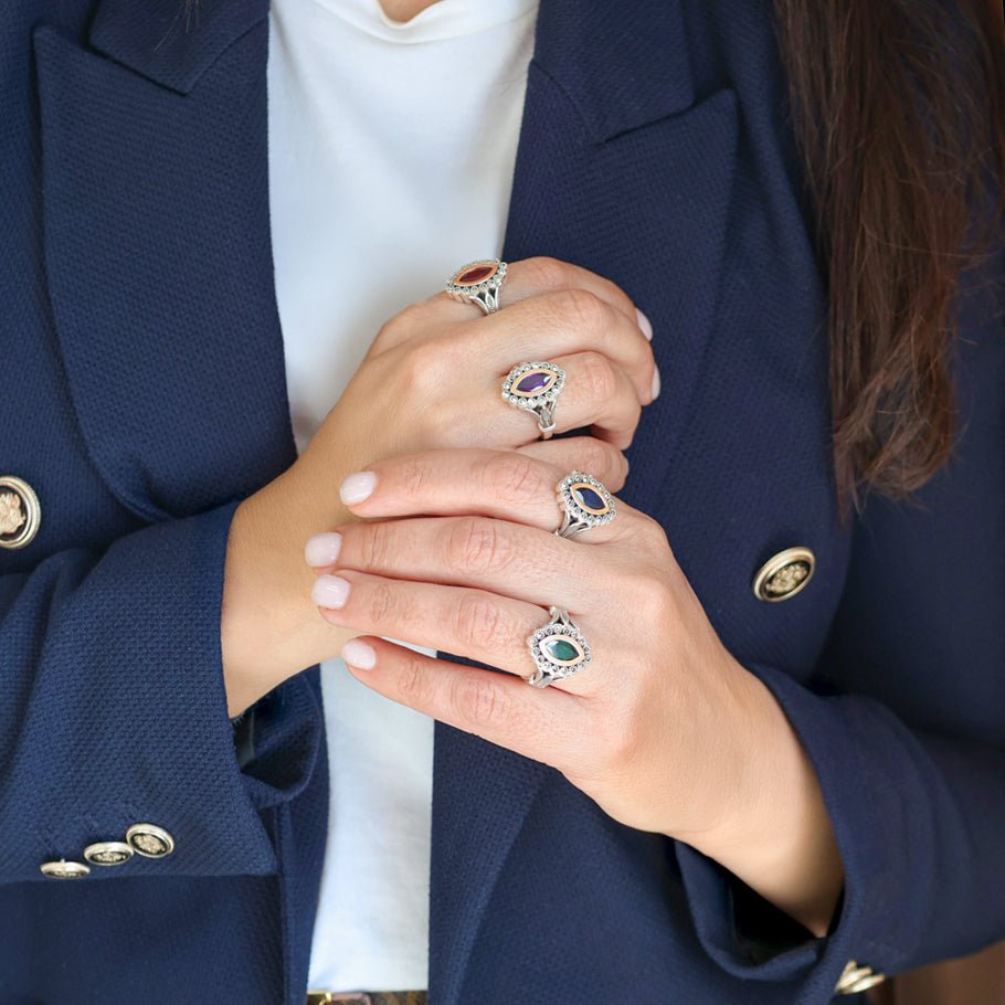 Anel Oval em Prata e Ouro 9kl com Pedra Vermelha - Loja do Ouro