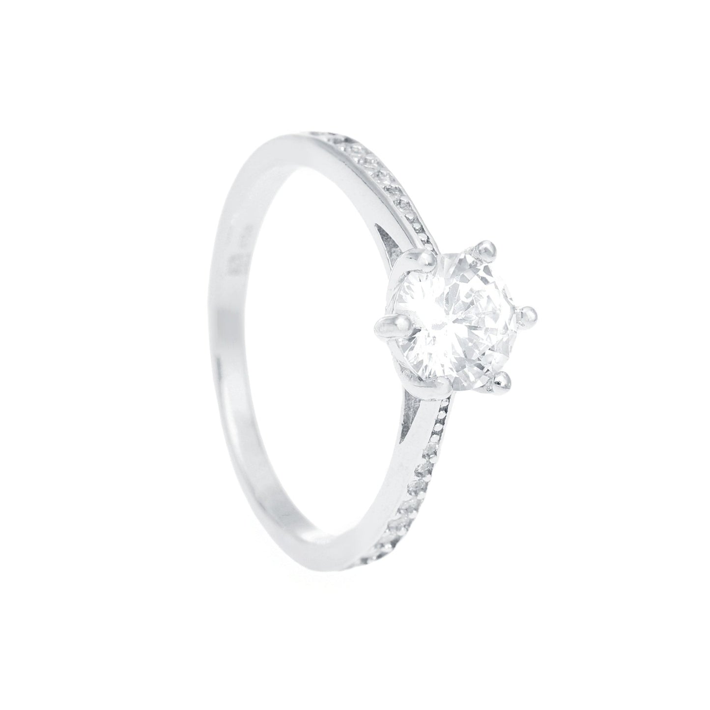 Anel Solitário em Prata com Zircónia (7mm) e aro cravejado Zircónias - Loja do Ouro