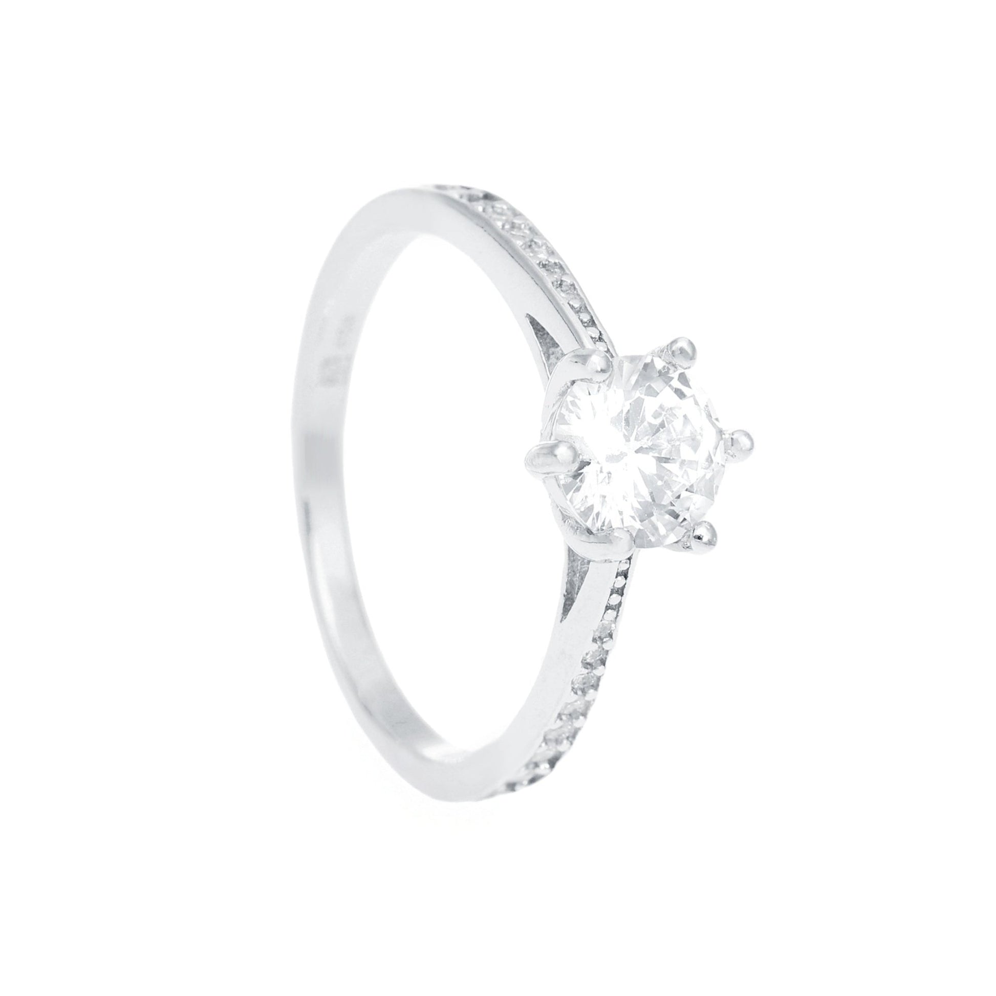 Anel Solitário em Prata com Zircónia (7mm) e aro cravejado Zircónias - Loja do Ouro