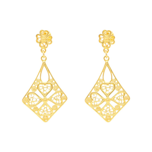 Brincos Amália em Prata Dourada com Trevos e Filigrana - Loja do Ouro