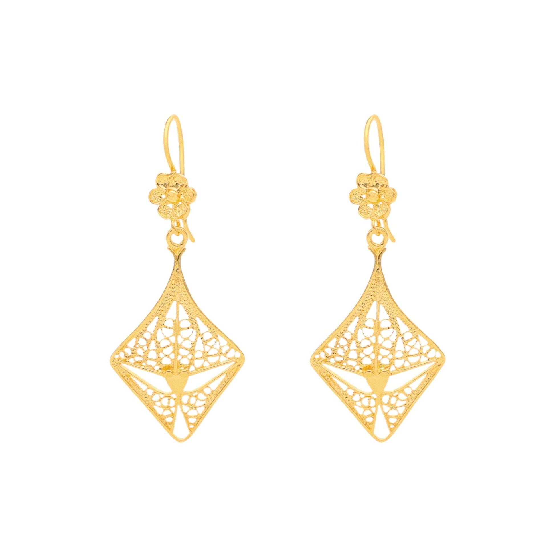 Brincos Amor Perfeito em Prata Dourada com Motivos Florais e Coração em Filigrana - Loja do Ouro