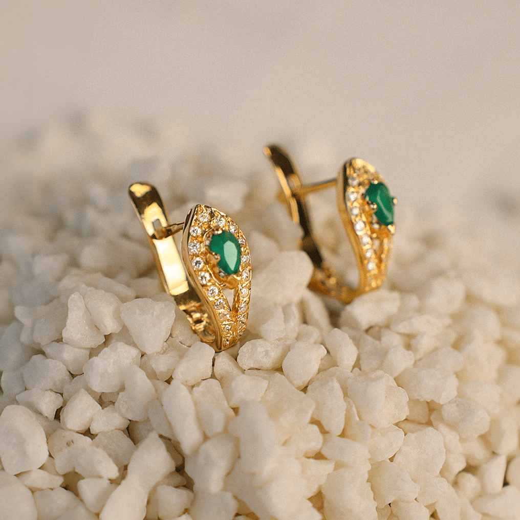 Brincos em Ouro 19kl com Zircónias e Esmeralda - Loja do Ouro