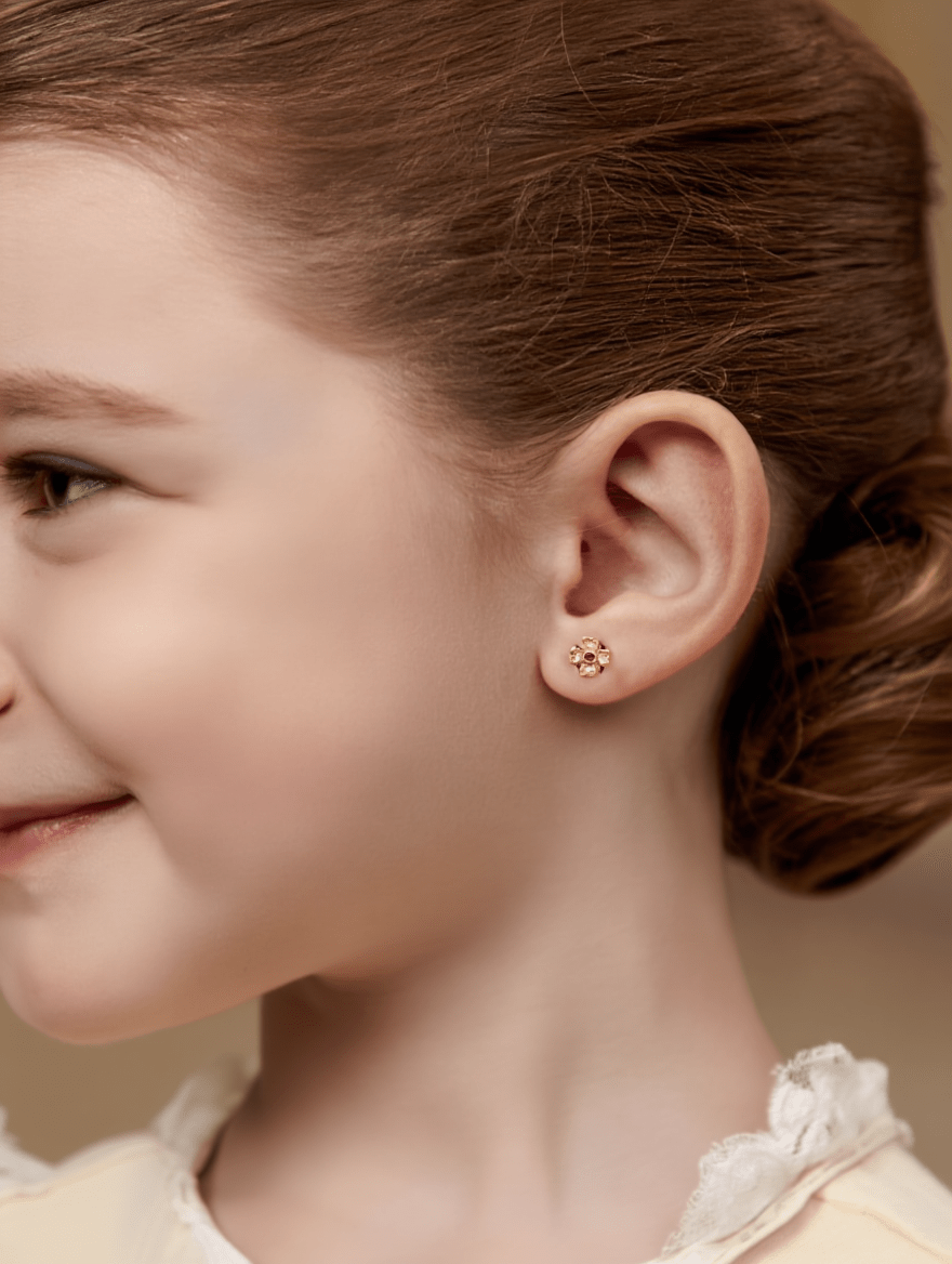 Brincos em Ouro 19kl em Forma de Flor com Rubi Sintético e Zircónias - Loja do Ouro