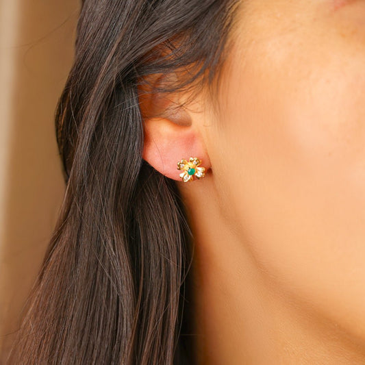 Brincos Flor em Ouro 19kl com Pedra Verde e Zircónia - Loja do Ouro