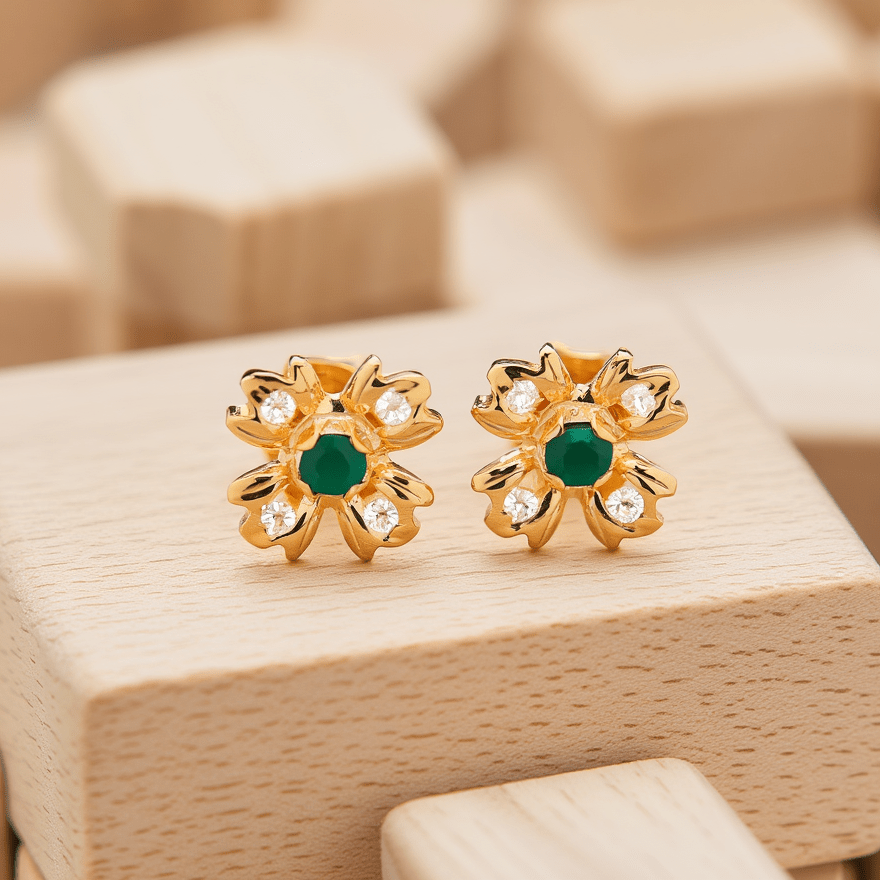 Brincos Flor em Ouro 19kl com Pedra Verde e Zircónia - Loja do Ouro