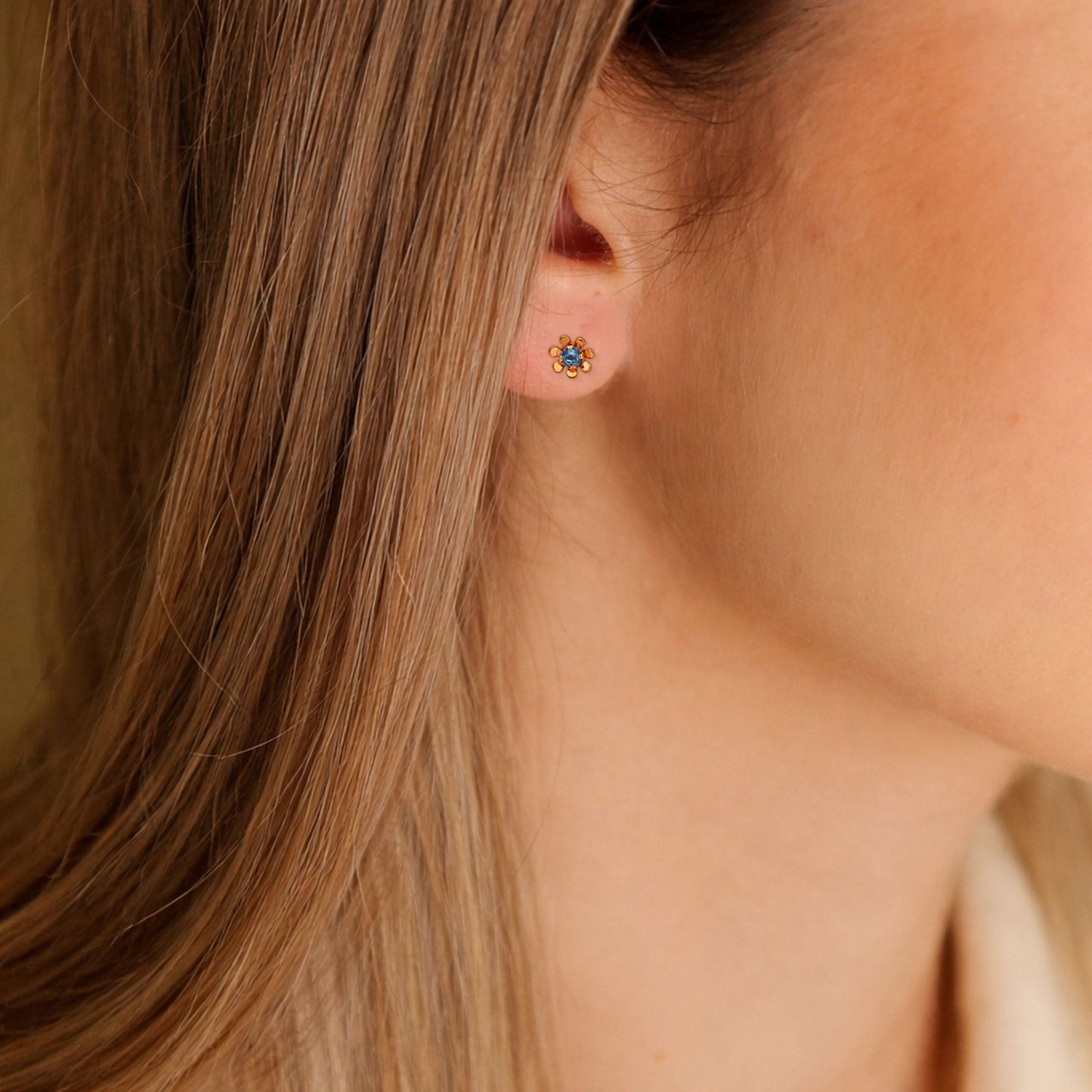 Brincos Flor em Ouro 19kl com Zircónia Azul - Loja do Ouro