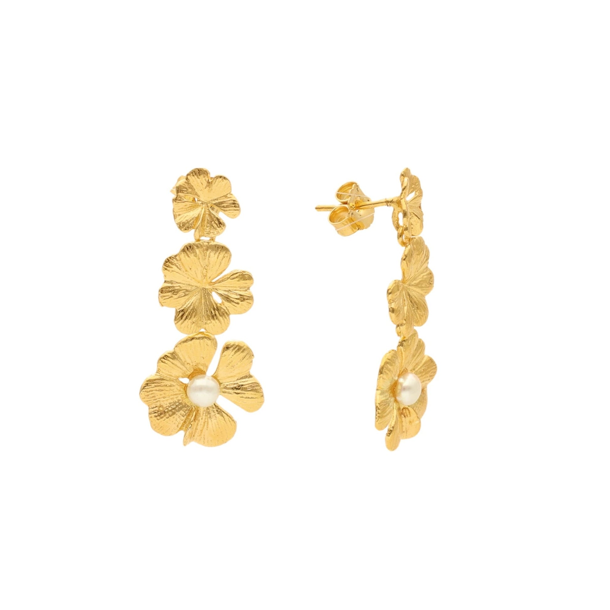 Brincos Flores em Prata Dourada com Pérola - Loja do Ouro