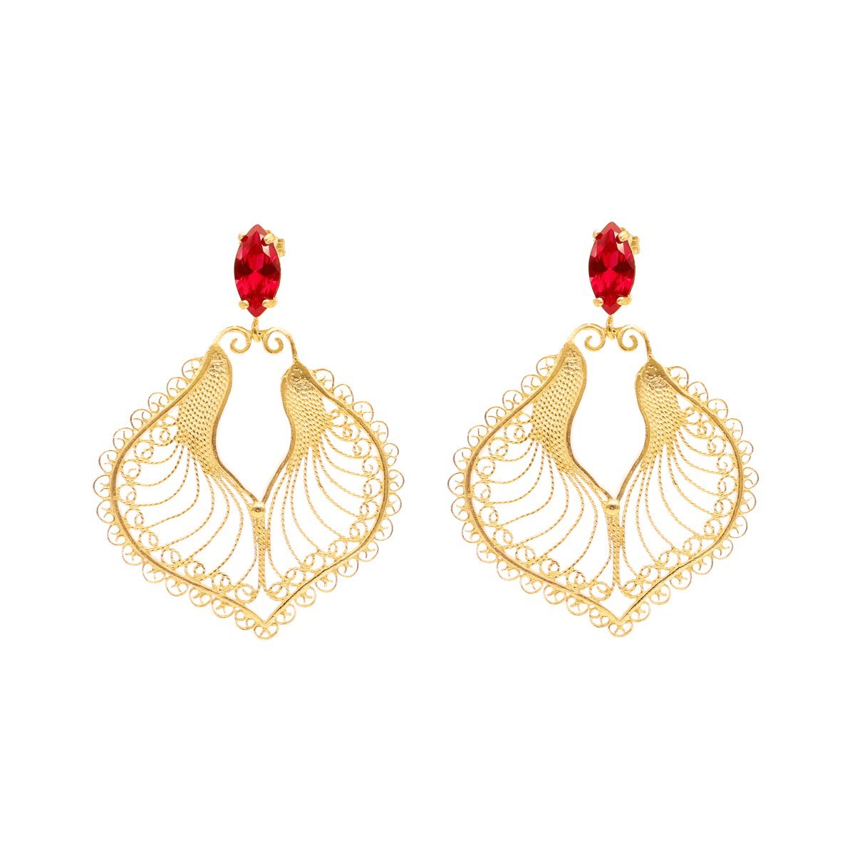 Brincos Harpa em Prata Dourada com Pedra Vermelha - Loja do Ouro