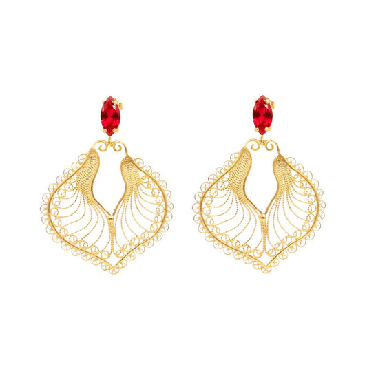 Brincos Harpa em Prata Dourada com Pedra Vermelha - Loja do Ouro