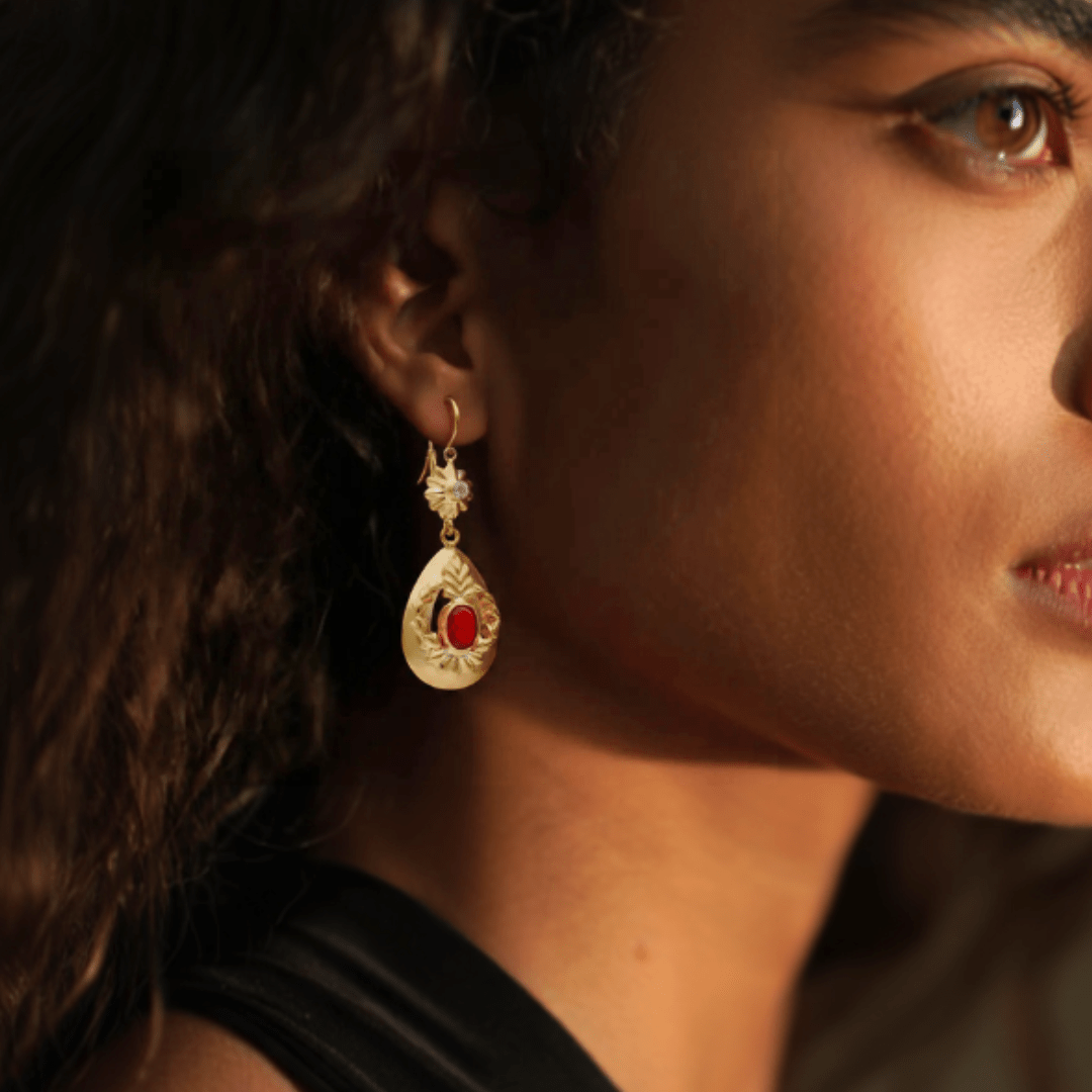 Brincos Marquesa em Ouro 19kl com Pedra Vermelha e Zircónia - Loja do Ouro