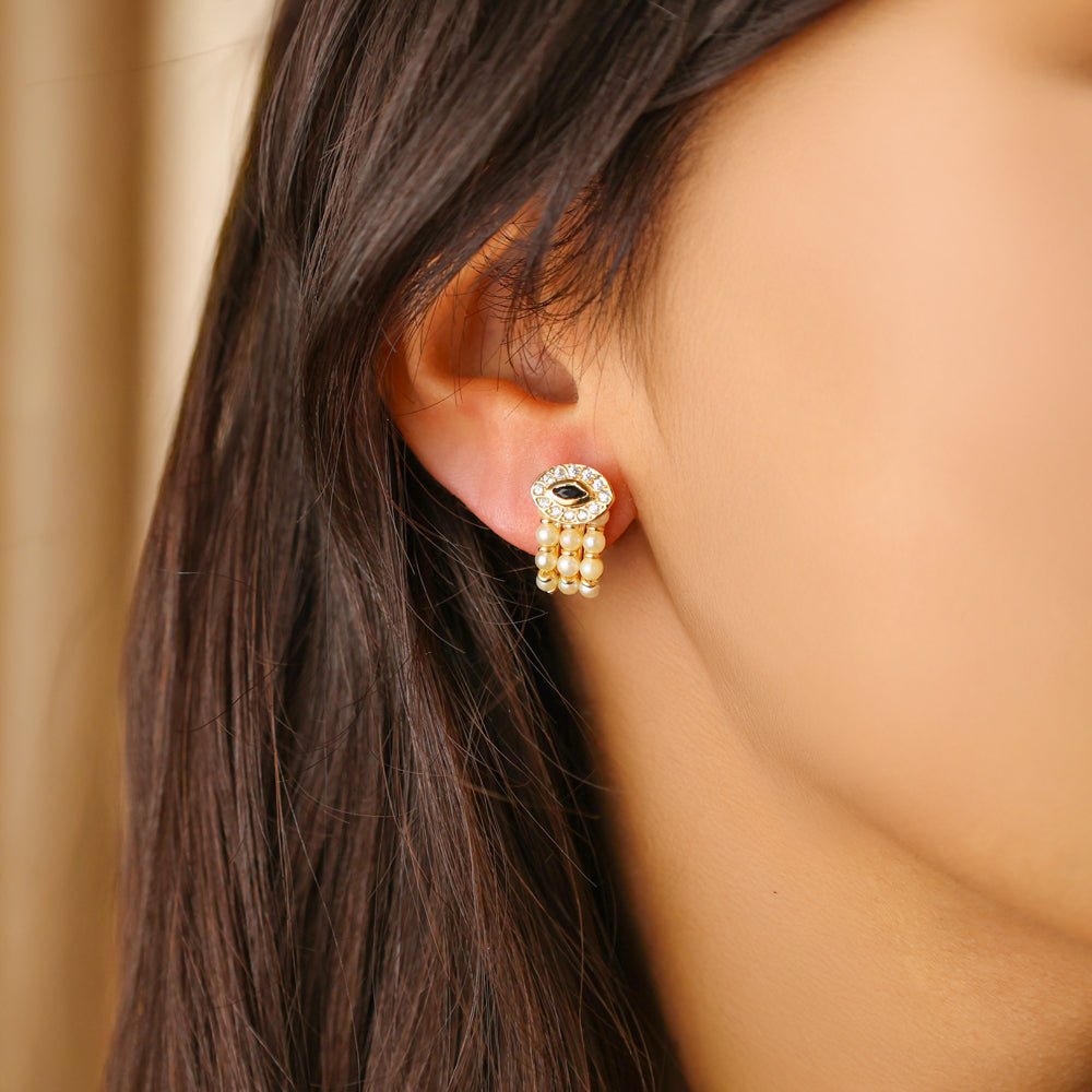 Brincos Pendente em Ouro 19kl com Pérolas, Zircónias e Pedra Preta - Loja do Ouro