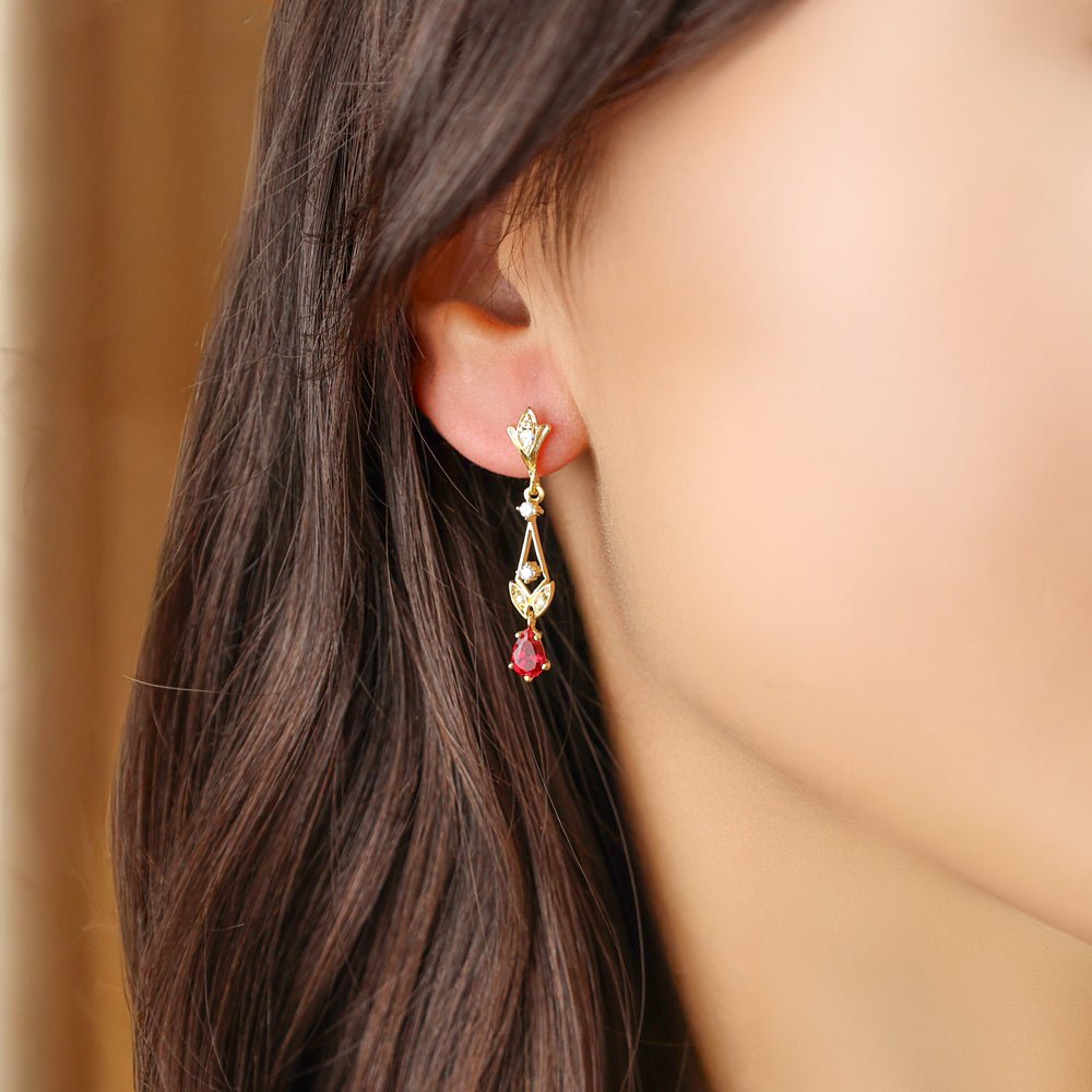 Brincos Pendentes em Ouro 19kl com Rubi e Diamantes (3.2cm) - Loja do Ouro