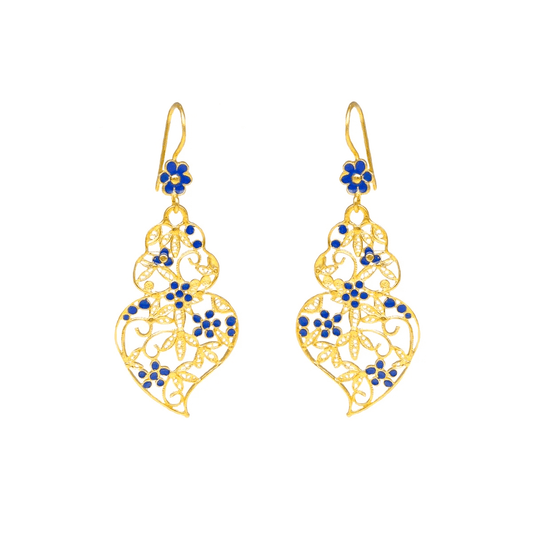 Brincos Tradição com Coração de Viana em Prata Dourada e Esmalte Azul - Loja do Ouro