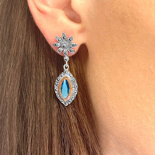 Brincos Vintage Floral em Prata com Marcassites e Pedra Azul - Loja do Ouro