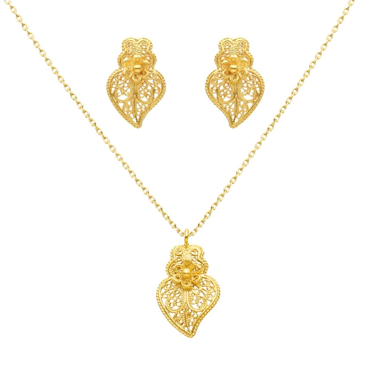 Conjunto Fio e Brincos Coração de Viana em Prata - Loja do Ouro