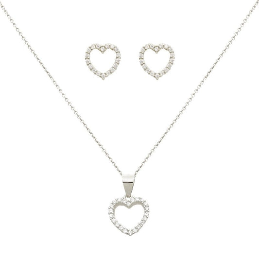 Conjunto Fio e Brincos em Prata com Coração e Zircónias - Loja do Ouro