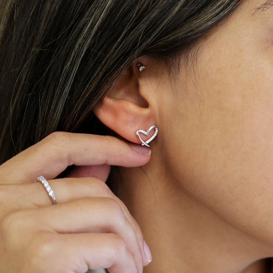 Conjunto Fio e Brincos em Prata com Coração Estilizado e Zircónias - Loja do Ouro