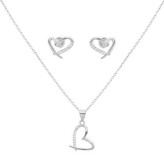 Conjunto Fio e Brincos em Prata com Coração Estilizado e Zircónias - Loja do Ouro