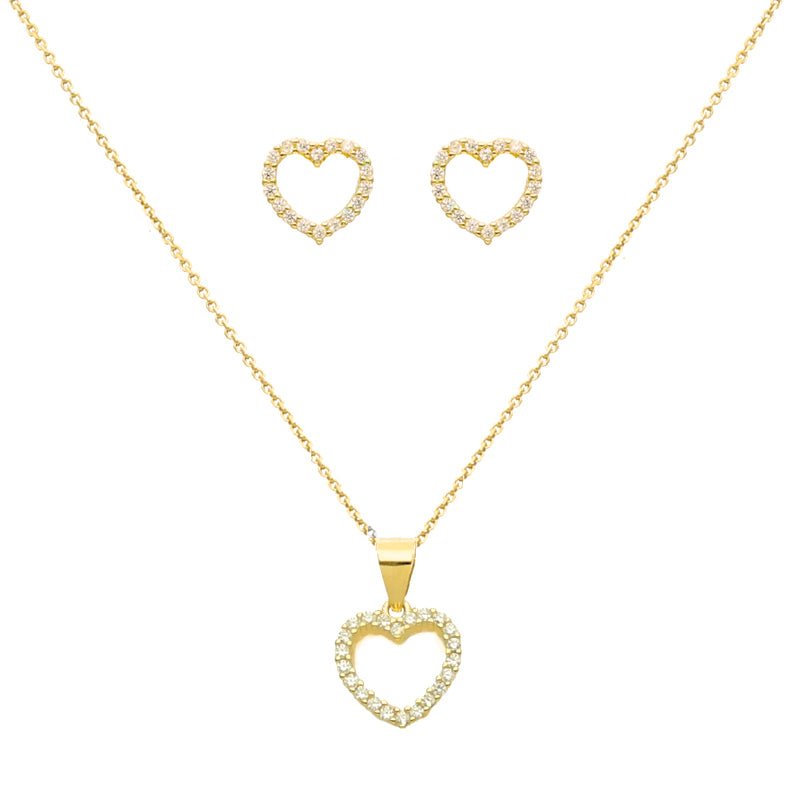 Conjunto Fio e Brincos em Prata Dourada com Coração e Zircónias - Loja do Ouro