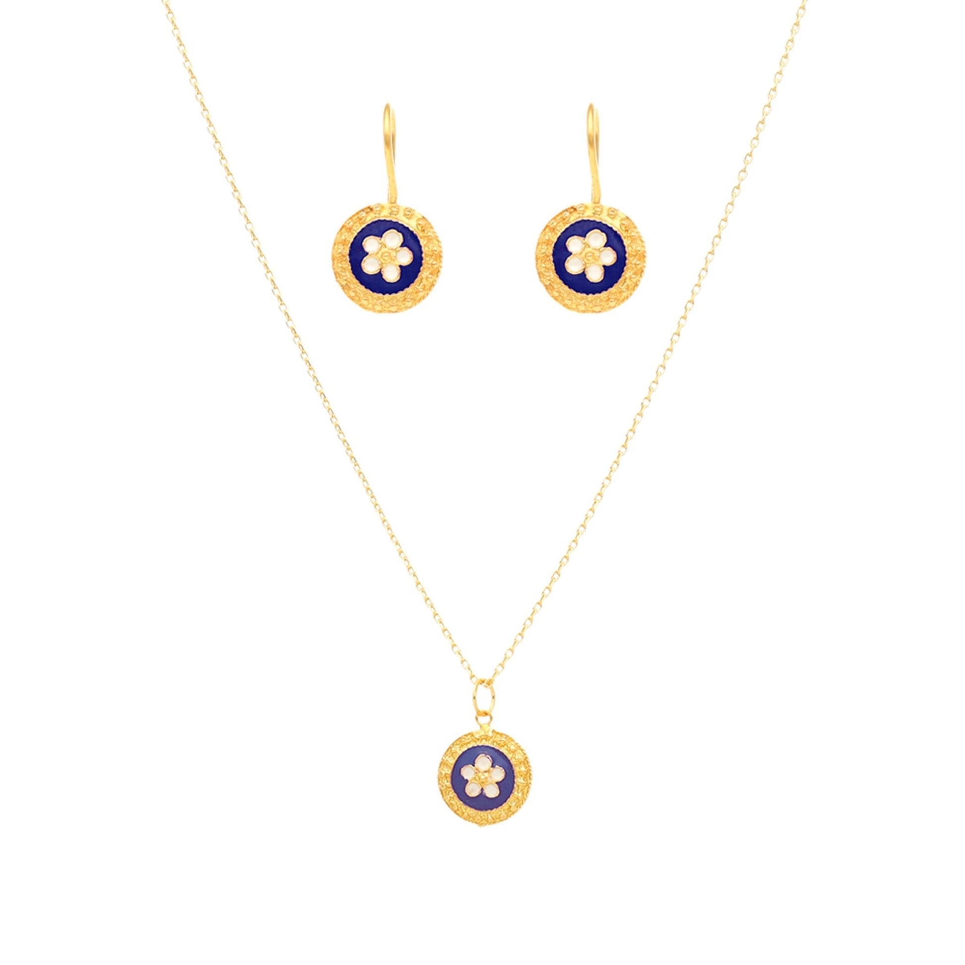 Conjunto Fio e Brincos em Prata Dourada com Medalha Caramujos Redonda Azul - Loja do Ouro