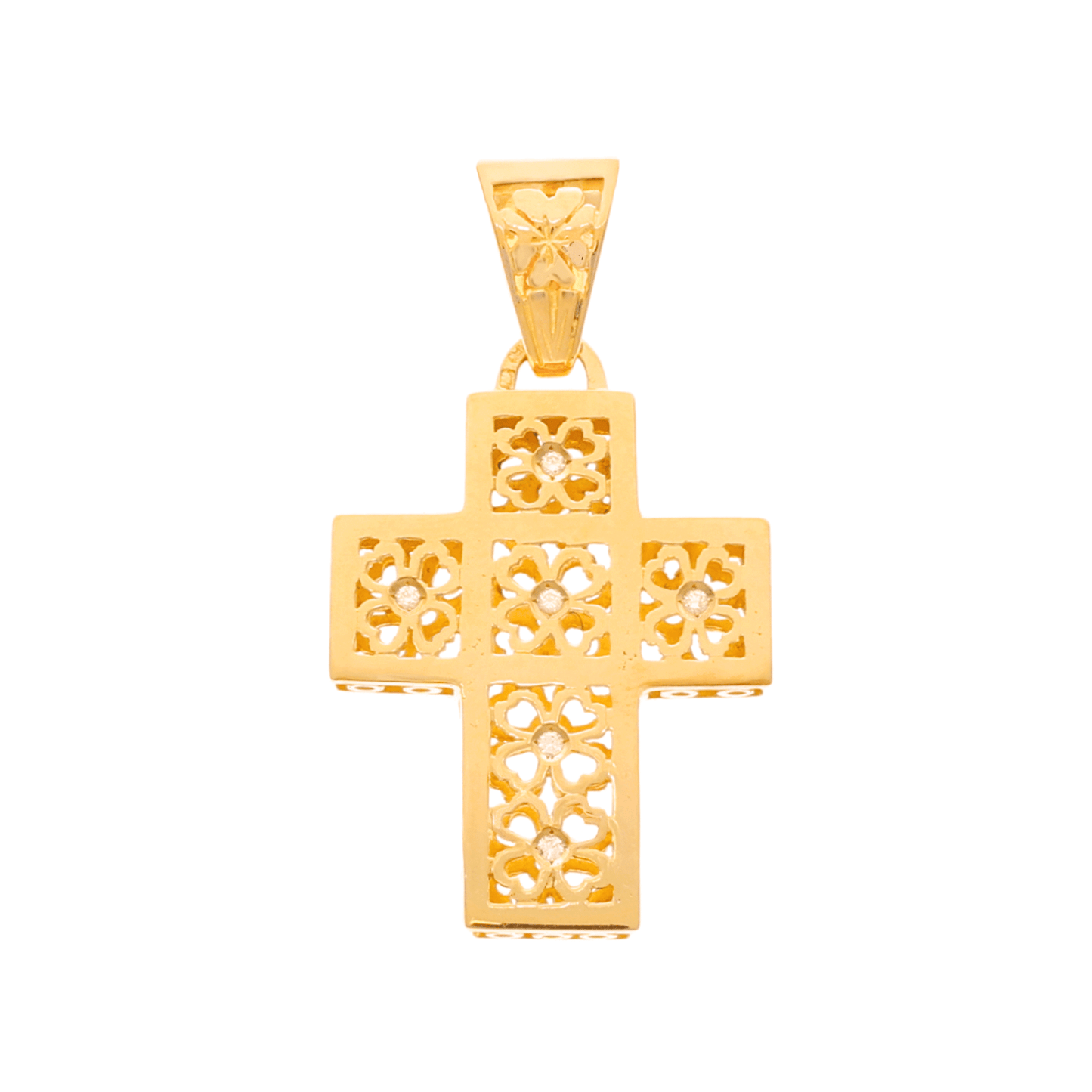 Cruz em Ouro 19kl com Flores Recortadas e Diamantes (3.3cm) - Loja do Ouro
