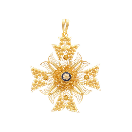 Cruz Filigrana em Ouro 19kl com Caramujos e Esmalte Azul - Loja do Ouro