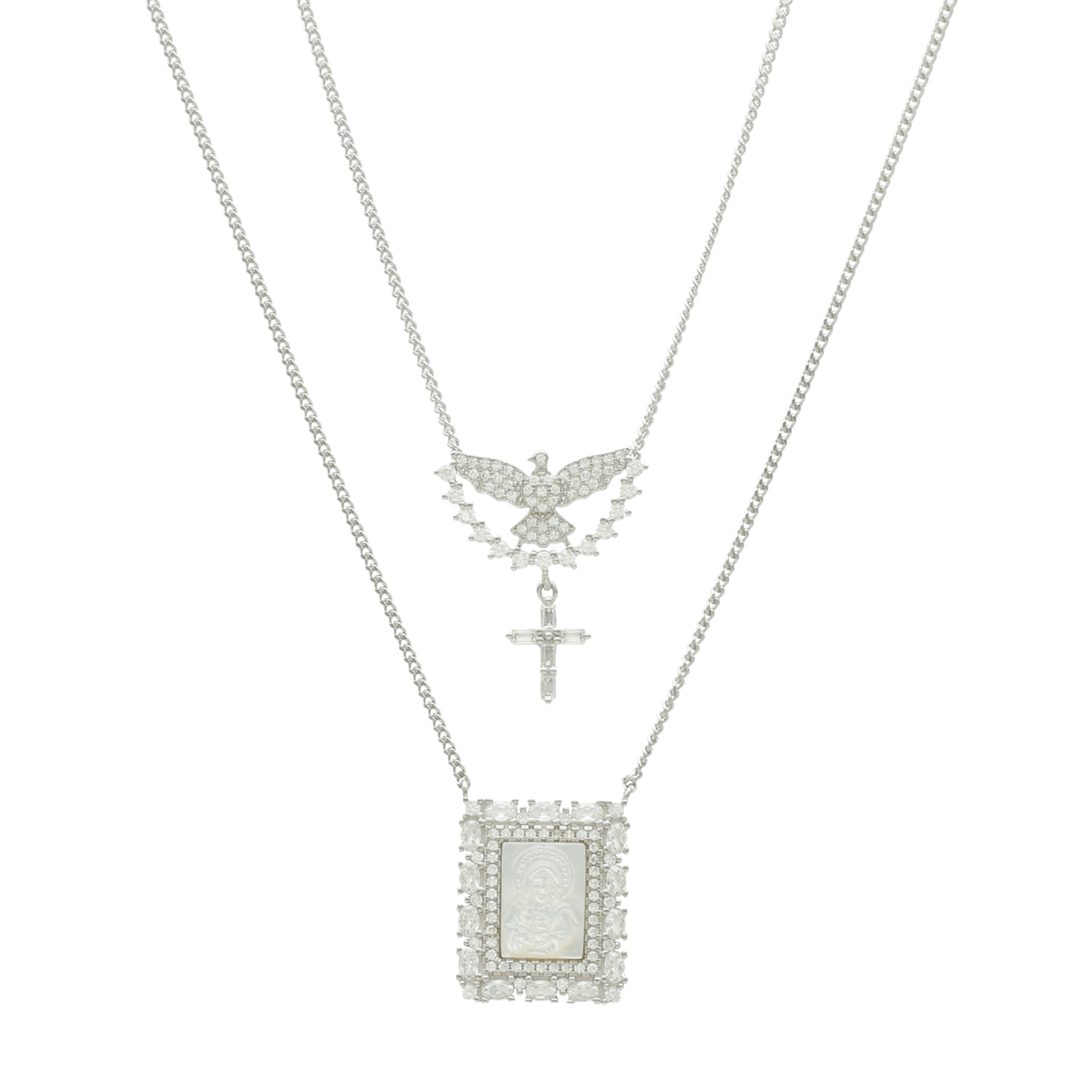 Escapulário em Prata com Imagem Religiosa em Madrepérola com Pomba e Cruz - Loja do Ouro
