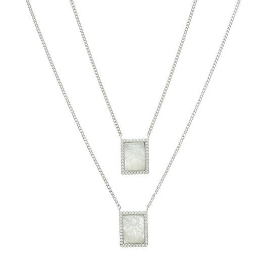 Escapulário em Prata com Imagem Religiosa em Madrepérola e Zircónias - Loja do Ouro
