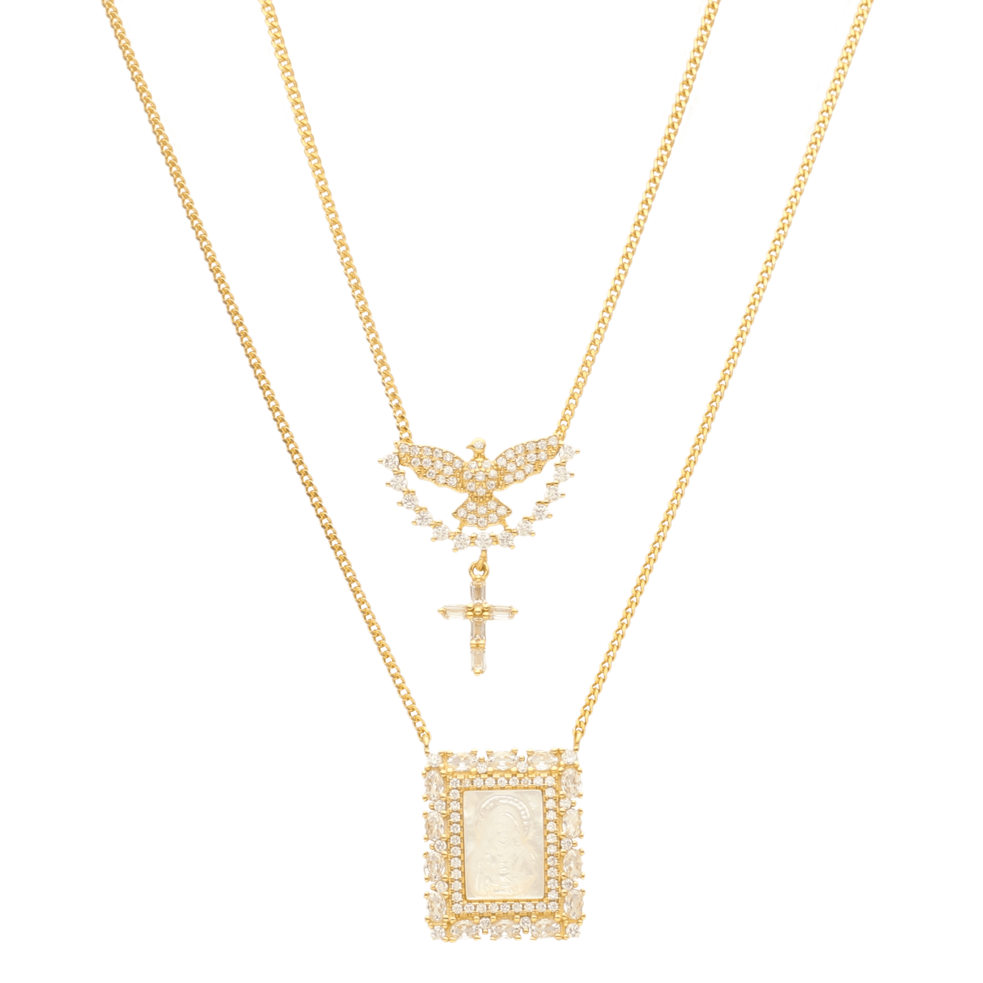 Escapulário em Prata Dourada com Imagem Religiosa em Madrepérola com Pomba e Cruz - Loja do Ouro