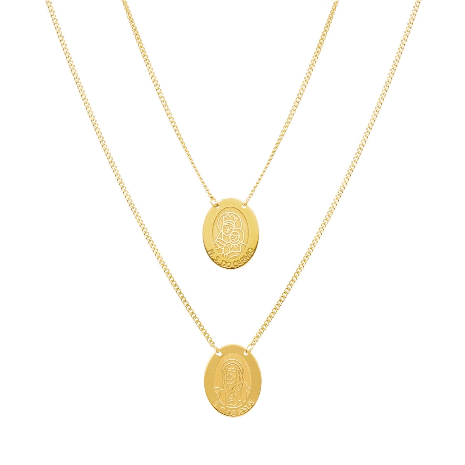 Escapulário Oval em Prata Dourada com Medalhas Religiosas - Loja do Ouro