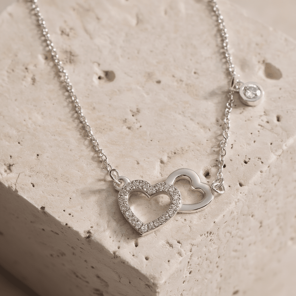 Fio Amor Eterno em Prata com Dois Corações (45cm) - Loja do Ouro