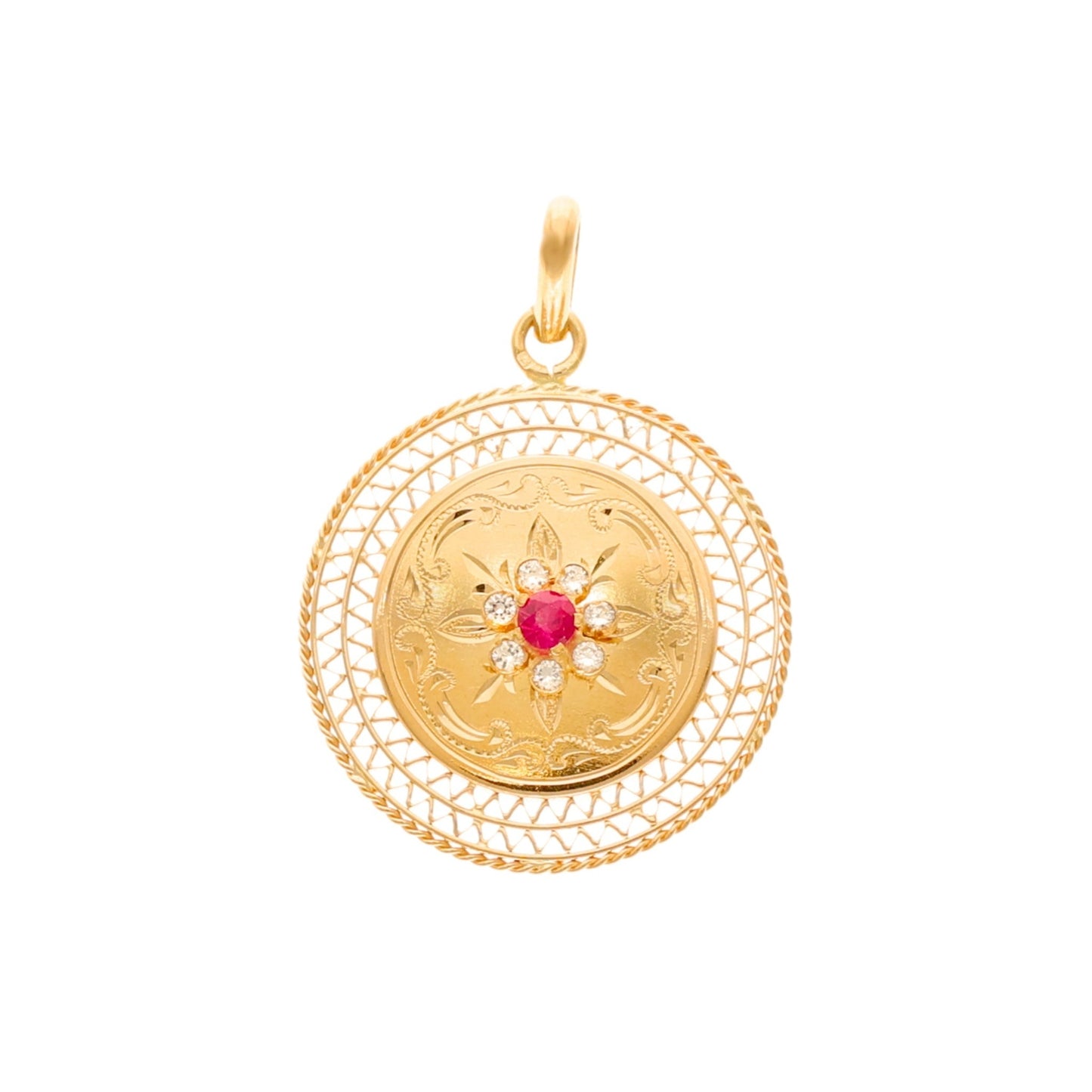 Medalha Dona Flor em Ouro 19kl com Rubi e Zircónias - Loja do Ouro