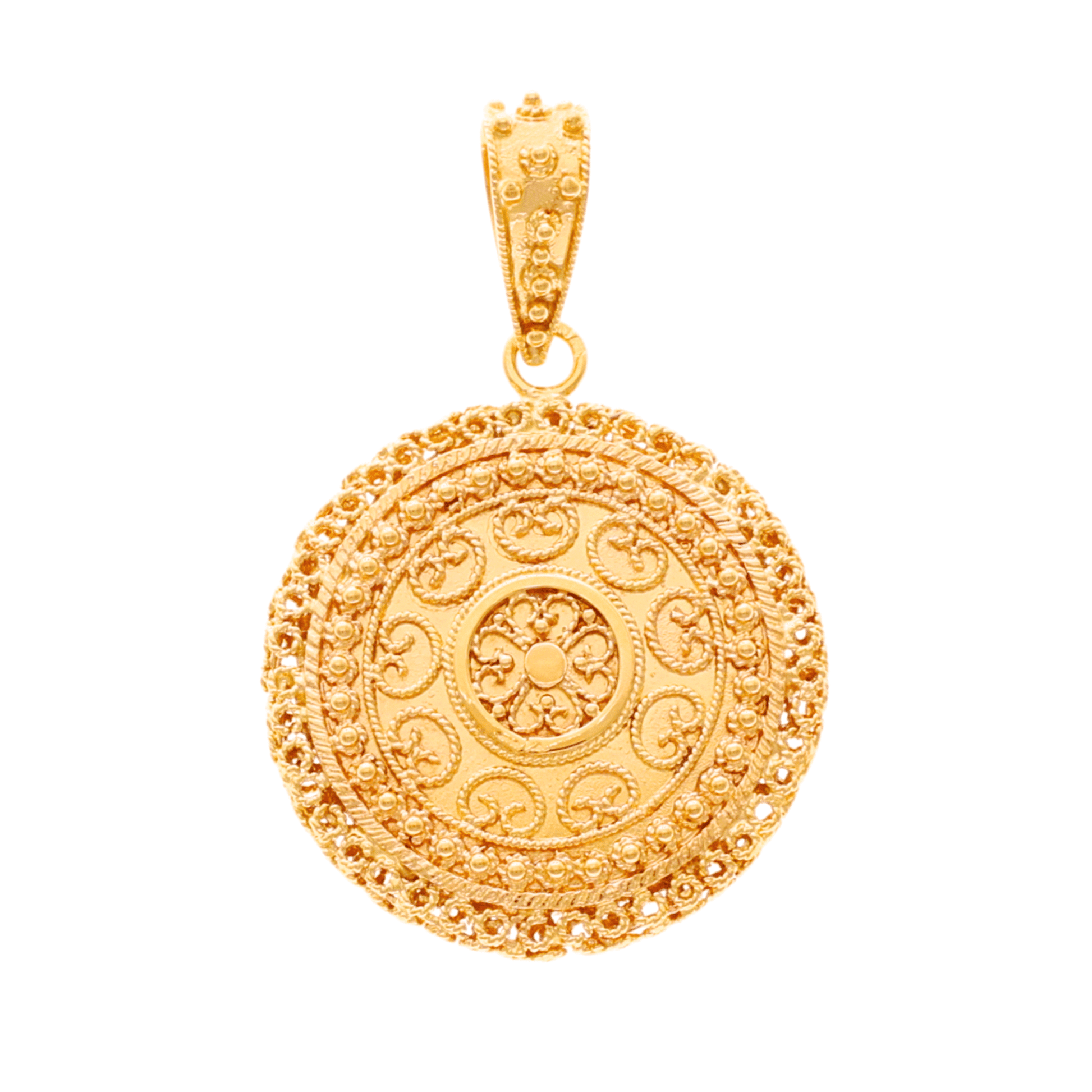 Medalha em Ouro 19kl com Granitos e Trabalhado em Filigrana (3.5cm) - Loja do Ouro