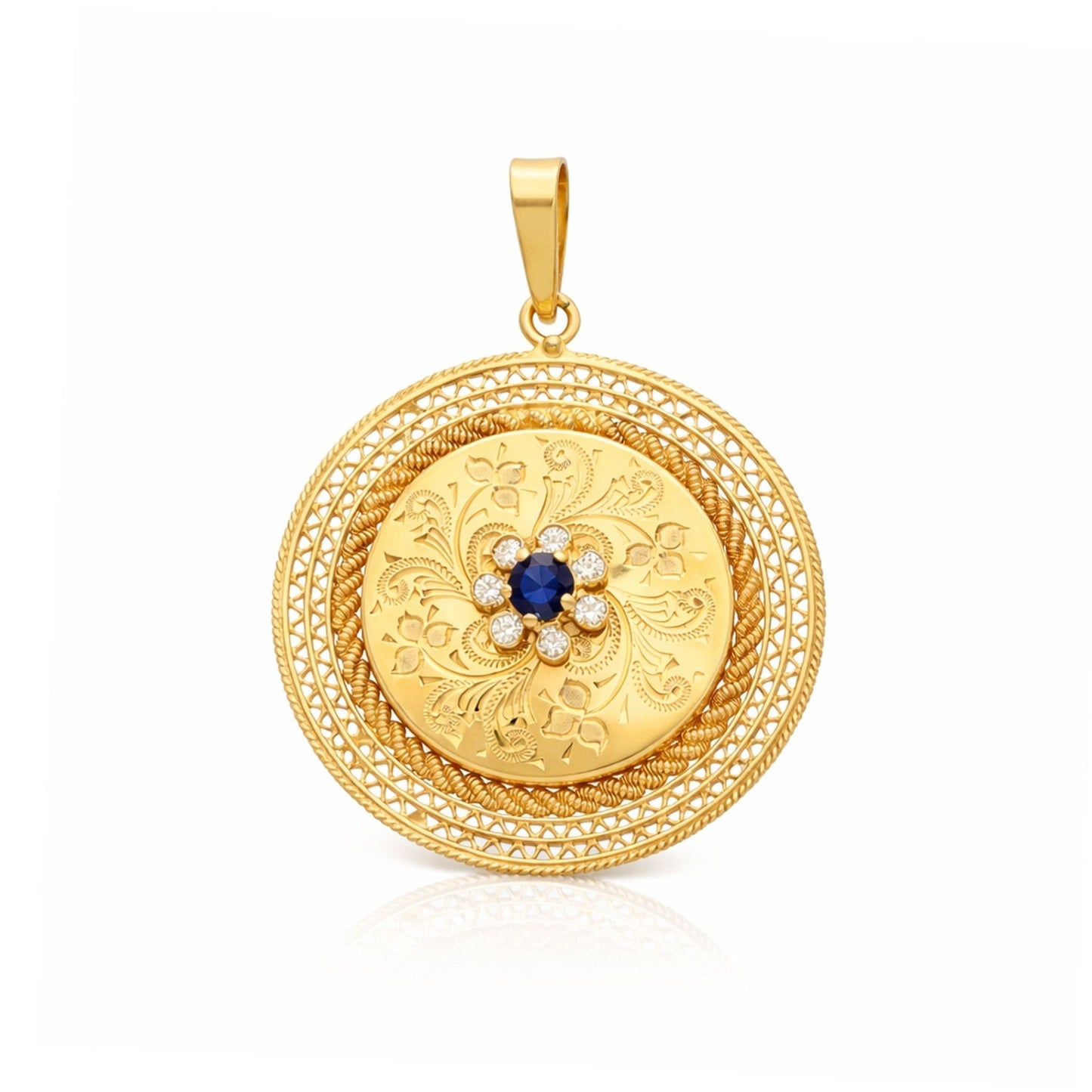 Medalha Floral em Ouro 19kl com Topázio Azul e Zircónias - Loja do Ouro
