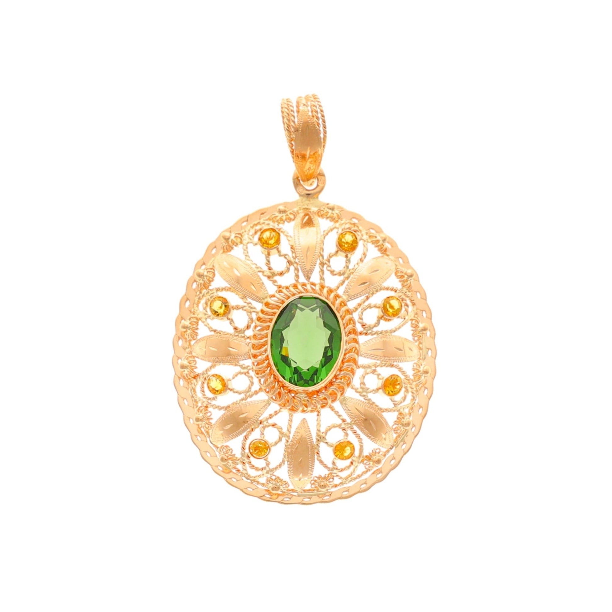 Medalha Rendilhada em Ouro de 19kl com Pedra Verde e Pedras Amarelas - Loja do Ouro